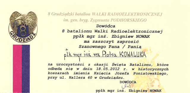 Zaproszenie na obchody święta 8 GbWRE. Zaproszenie na obchody święta 8 GbWRE.